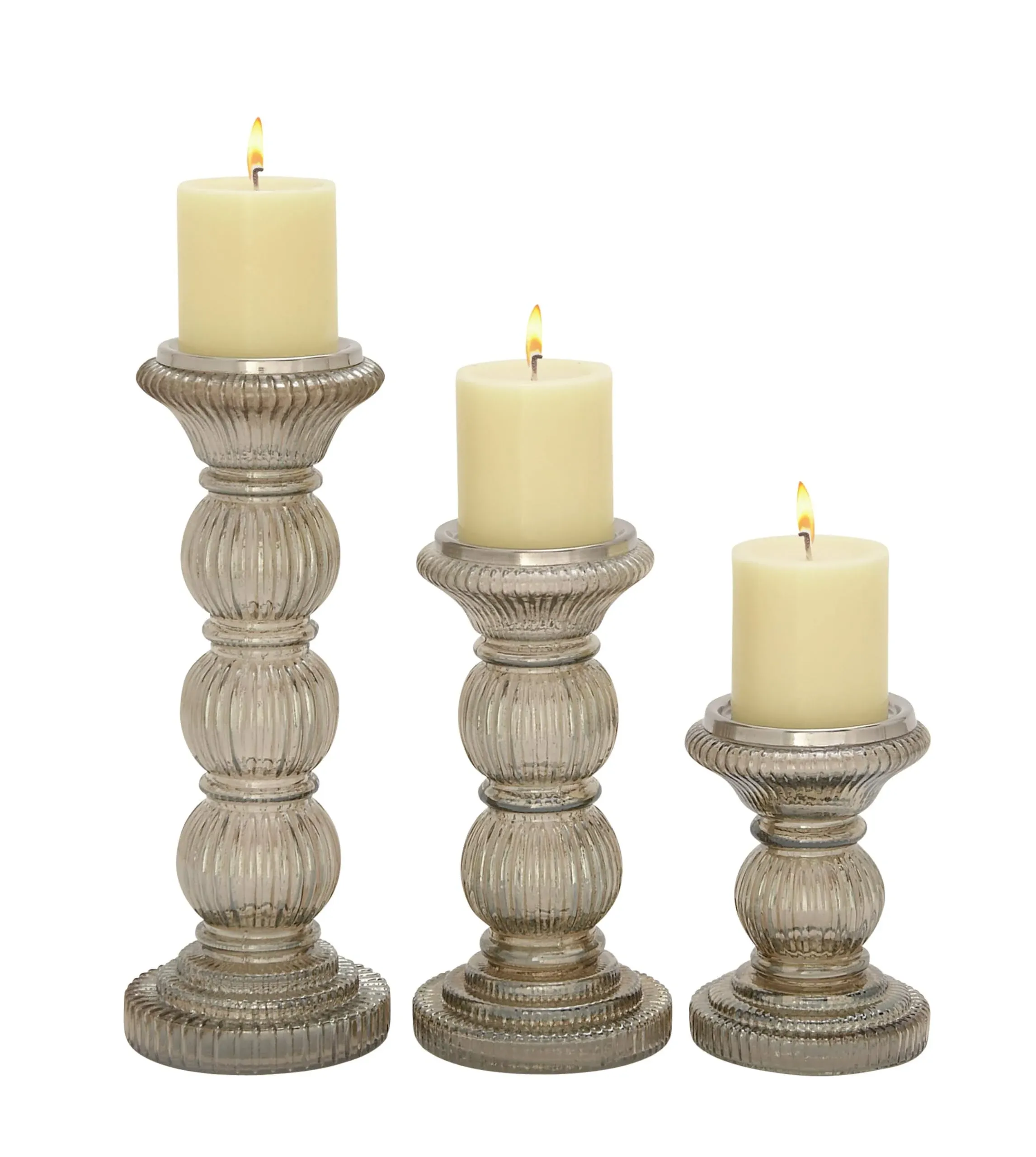 The Novogratz Glass Handmade Turned Style Pillar Candle Holder, Set of 3 6", 9", 12"H, Gray