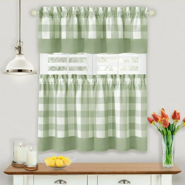 GoodGram Modern Country Farmhouse 3 Piece Buffalo Plaid Checkered Cafe Kitchen Curtain Tier & Valance Set - Assorted Colors & Sizes (Gray, 36 in. L)