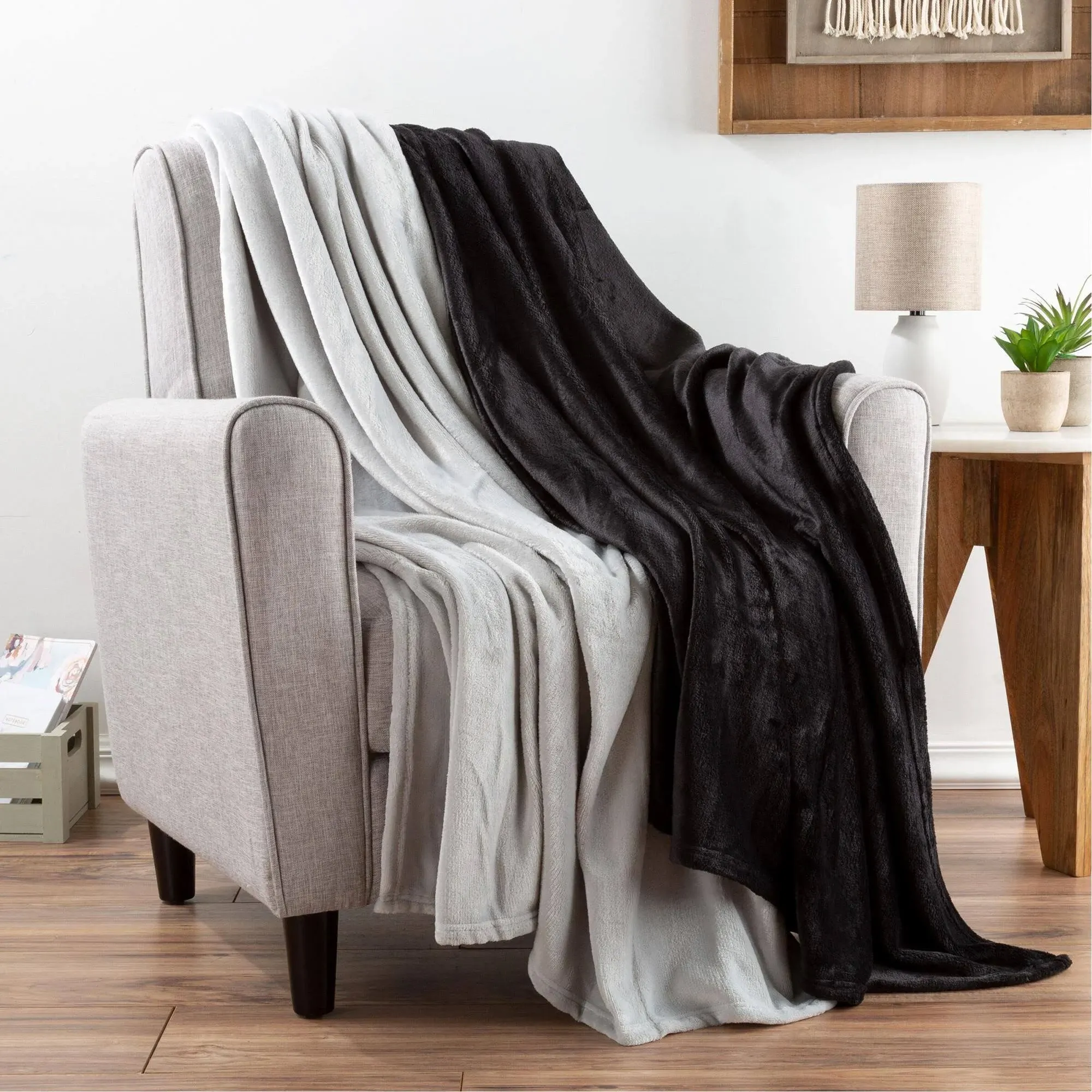 Fleece Throw Blanket-Set of 2- Black Gray Plush 50 x 60 Inches Soft