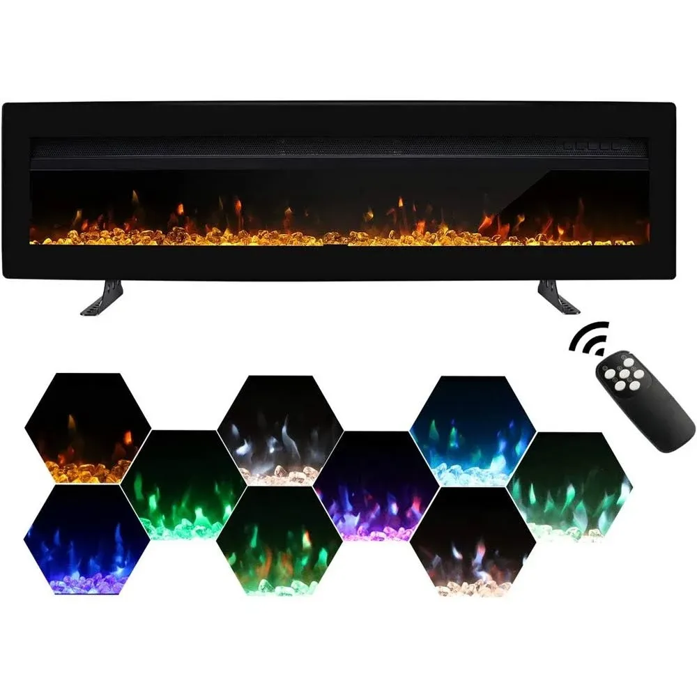 Electric Fireplace Inserts Freestanding Heater for The Living Room Floating Fireplace with 12 LED Colors with Logset and Stones, Space Heaters for Indoor Use,1500W/750W,Black,50inch