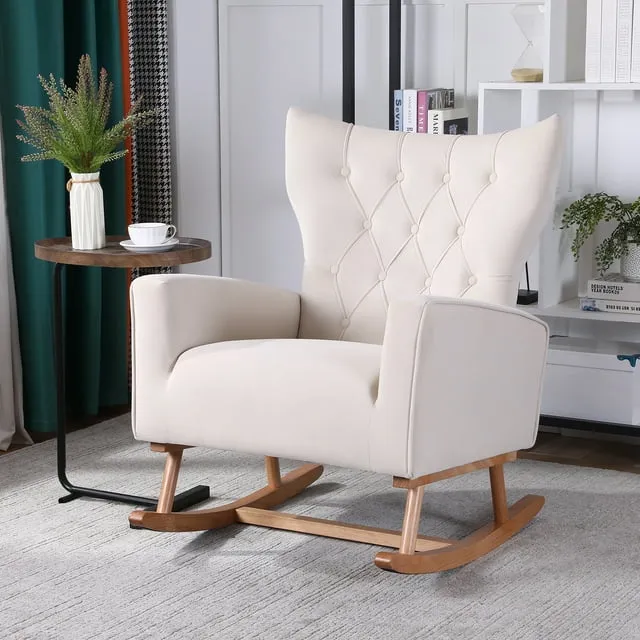 High Back Rocking Chair Nursery Baby Room Upholstered Accent Rocking Chair with Solid Wood BaseVelvet Glider Rocker for Living Room Bedroom Beige