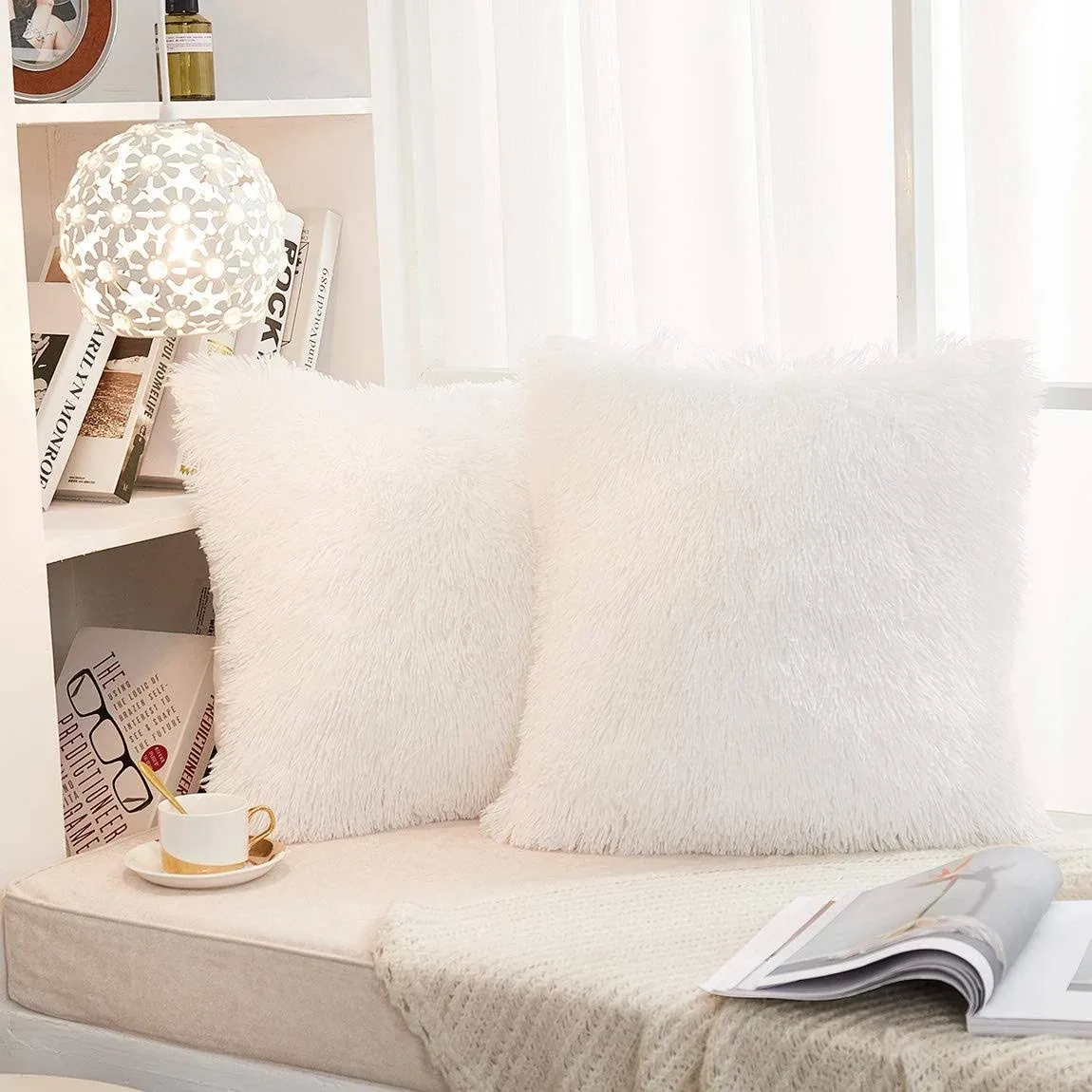 JAUXIO Set of 2 Long Faux Fur Soild Decorative Pillowcase Fluffy Throw Pillow ...