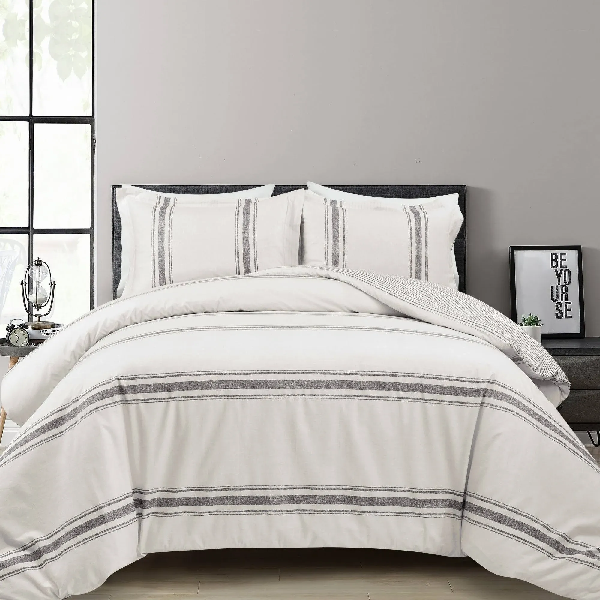 Lush Decor Farmhouse Stripe Duvet Cover Gray 3PC Set Full/Queen