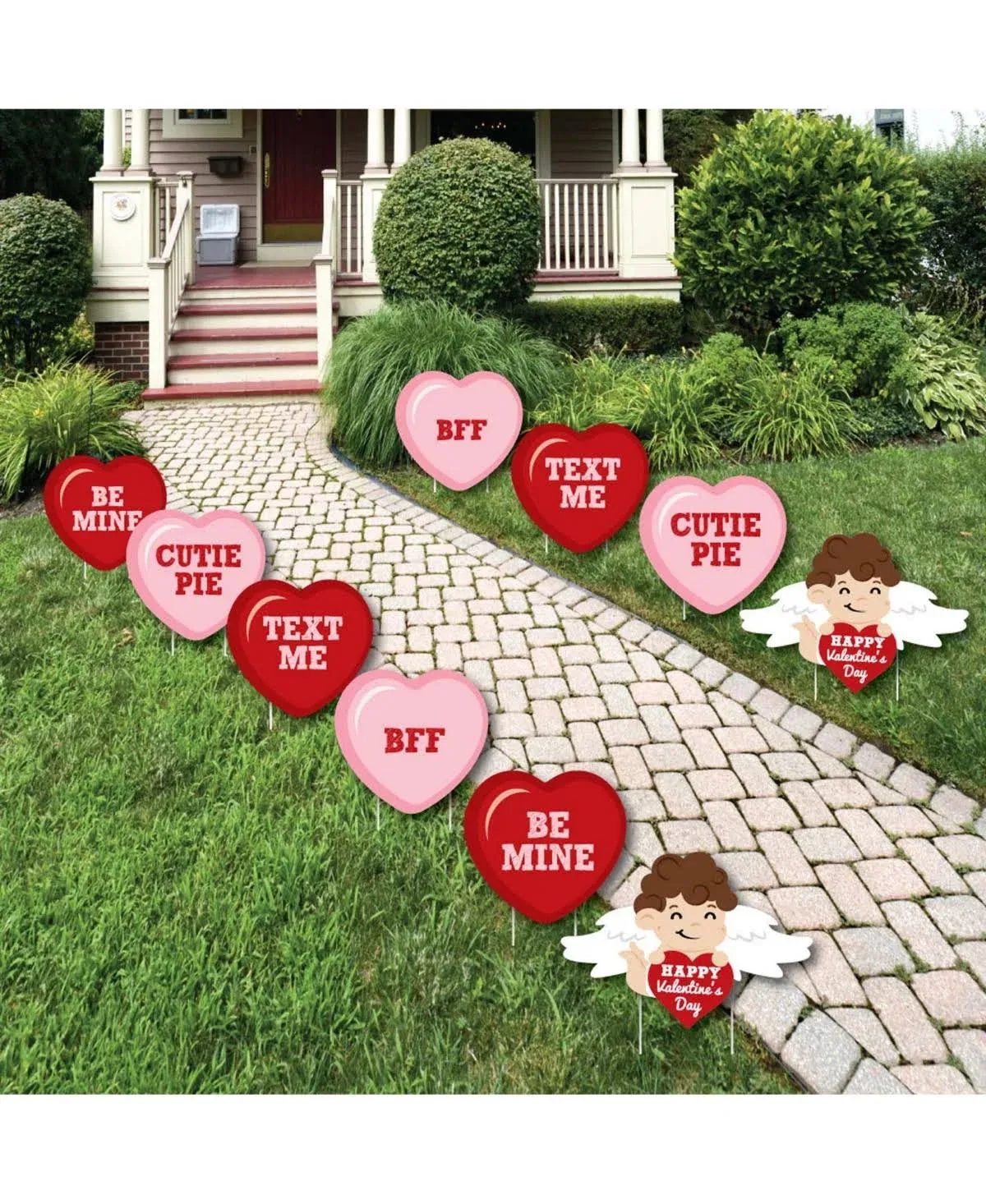 Big Dot of Happiness Conversation Hearts - Cupid and Heart Lawn Decorations - Outdoor Valentine's Day Party Yard Decorations - 10 Piece