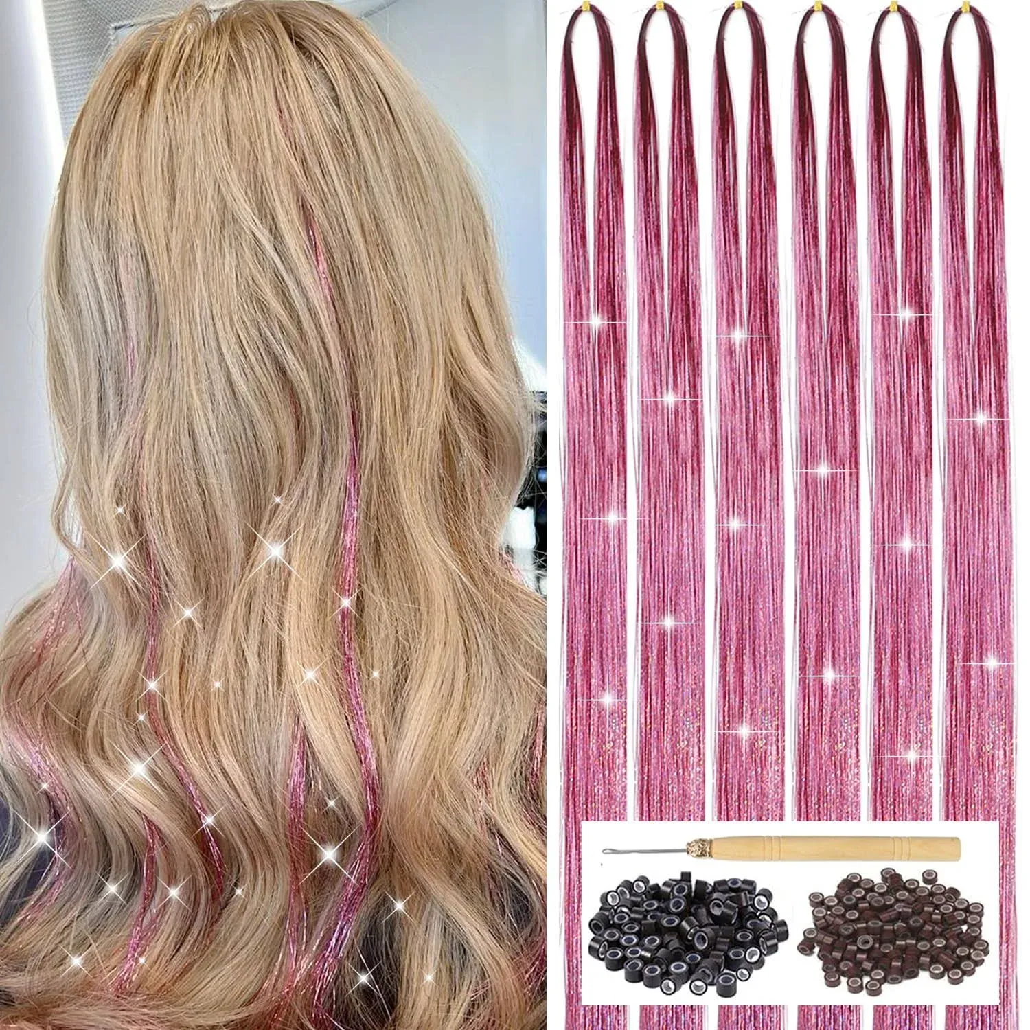 Gold Hair Tinsel Kit with Tool 6pcs 1200 Strands Glitter Tinsel Hair Extensions Heat Resistant Sparkling Shiny Fairy Hair Accessories for Women Girls Kids 47Inch