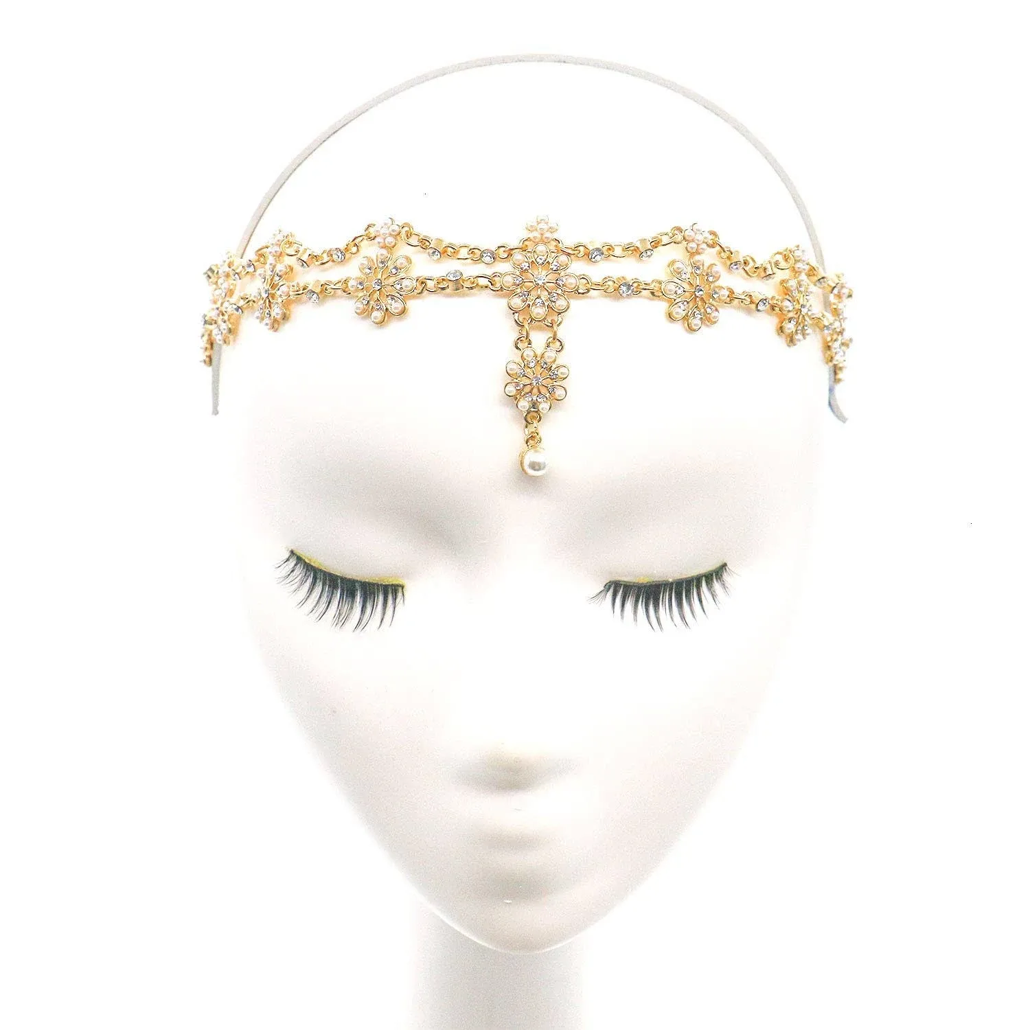 Head Chain Jewelry Headband Crystal Bohemian Hair Accessories with Peal Women Head Chains Forehead Chain Rhinestone Headpieces with Drop Pendant