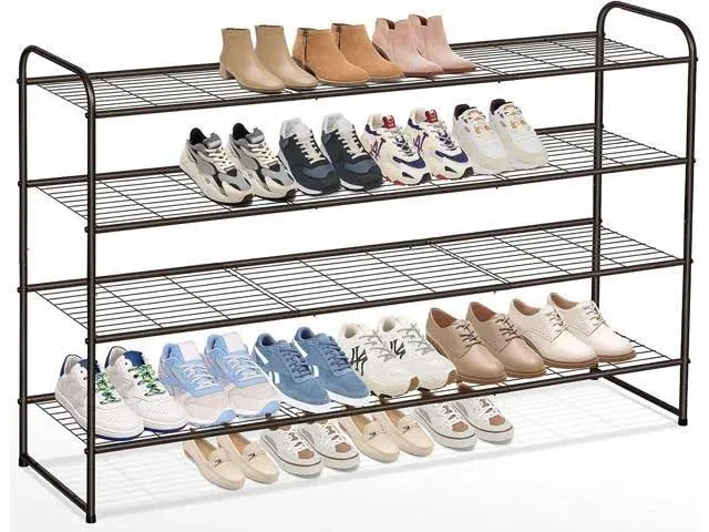 Rebrilliant Long 4 Tier Shoe Rack for Closet Metal Wide Shoe Organizer for Entryway, Bedroom, Floor, Holds 30 Pairs Men Sneakers Stackable Shoe Storage Shelf with