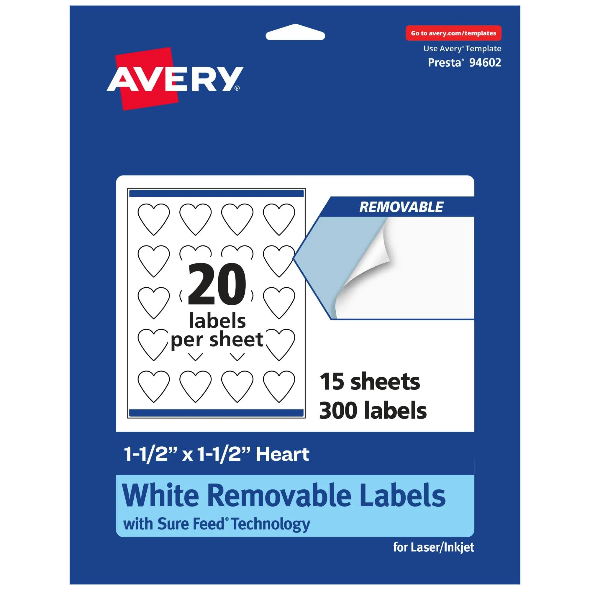 Avery® Removable Labels With Sure Feed®, 94602-RMP15, Heart, 1-1/2" x 1-1/2", White, Pack Of 300 Labels