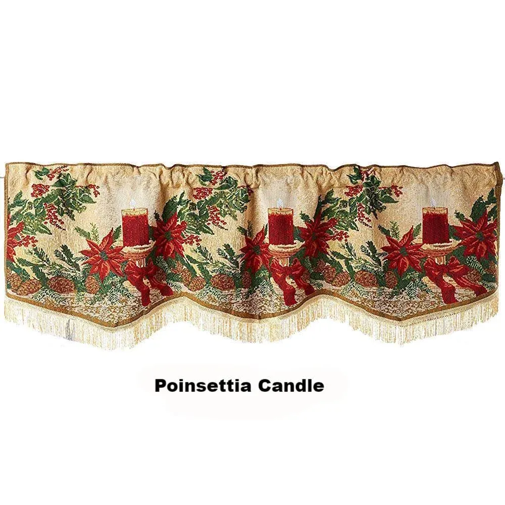 Violet Linen Decorative Christmas Poinsettia Candles Design Tapestry 60" X 15" Window Valance