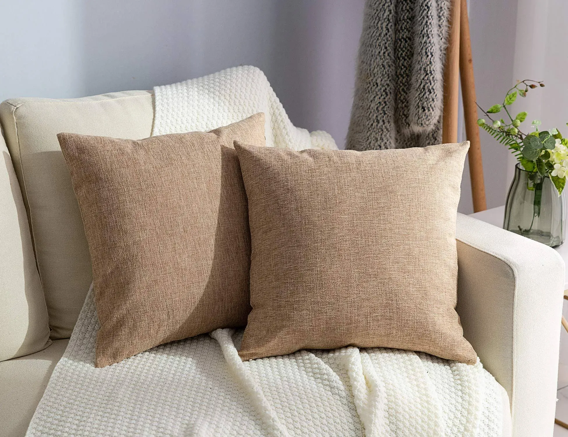 Stellhome Linen Throw Pillow Covers Square Solid Burlap Cushion Covers for Bed