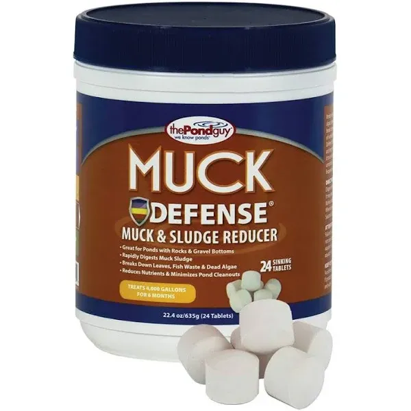 The Pond Guy Muck Defense, Natural Sludge Control Treatment, Water Garden Mud Digester & Odor Remover, Fish, Bird & Pet Safe, Easy Dosing, 24 Tablets