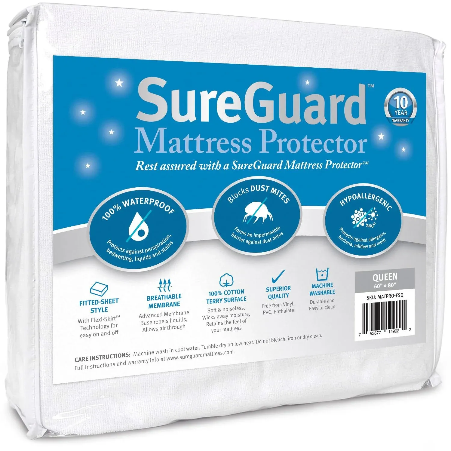 SureGuard Queen Size Mattress Protector - 100% Waterproof, Hypoallergenic - P...