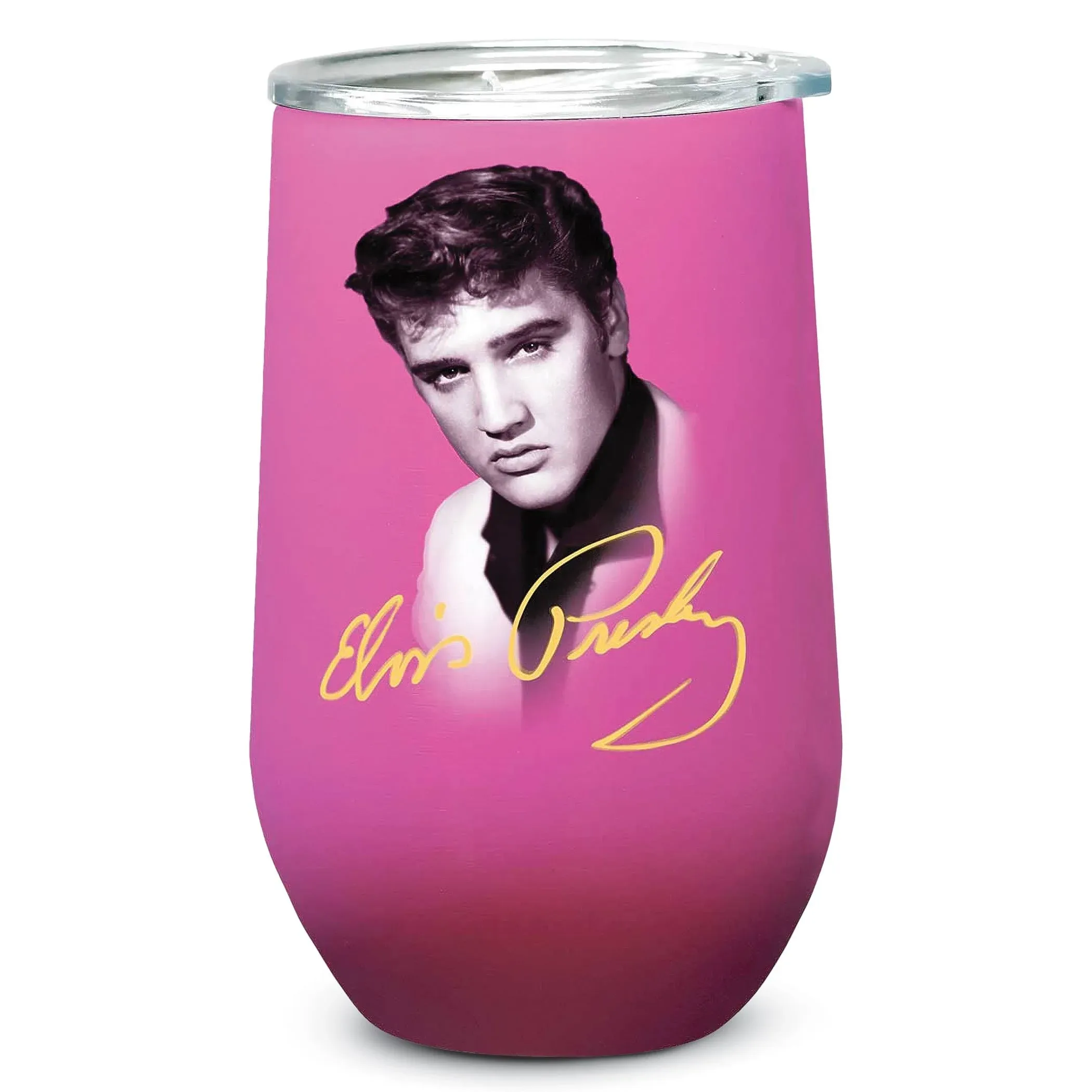 Spoontiques Elvis Presley Stainless Wine Tumbler with Lid, 14 oz, Pink NEW