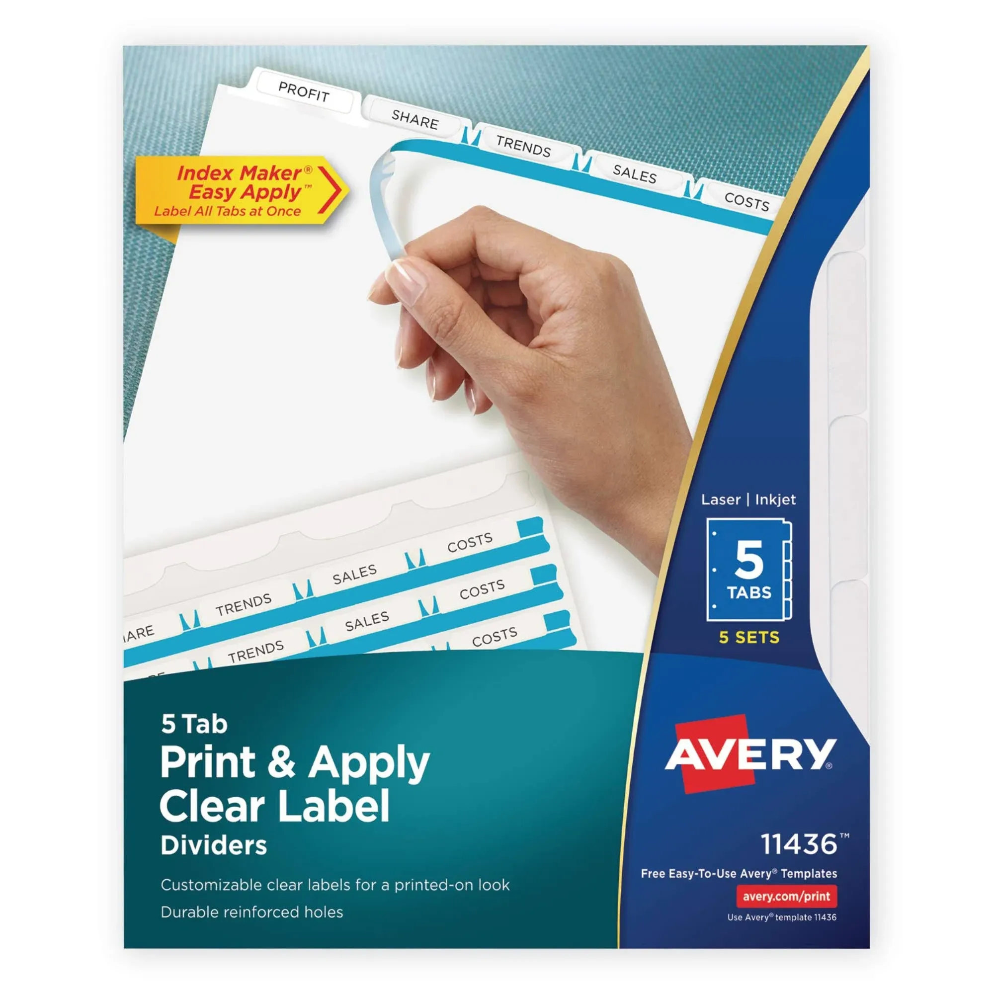 Avery Print and Apply Index Maker Clear Label Dividers 5 White Tabs Letter 5 Sets