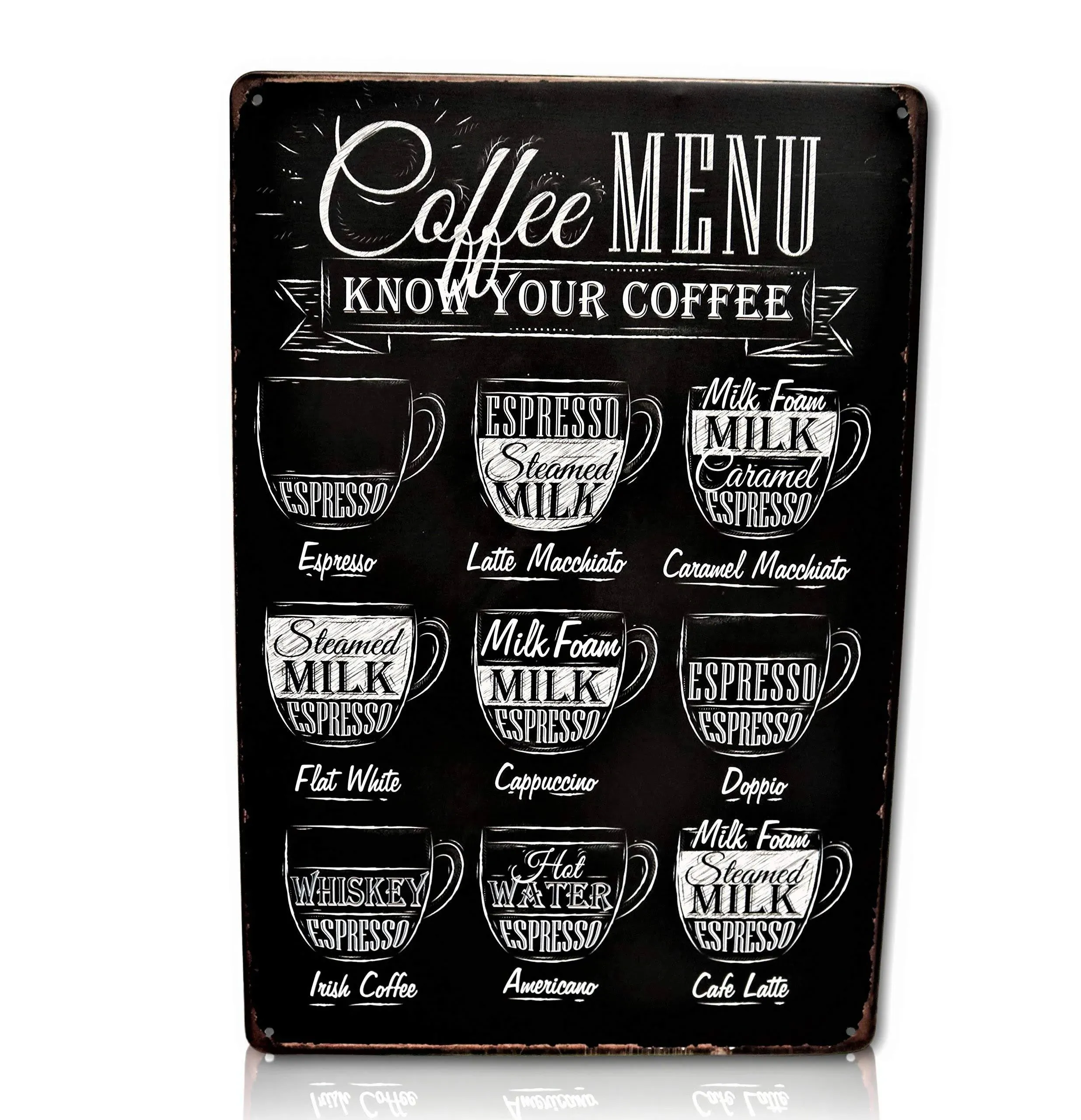 Coffee Menu Bar Metal Sign - Perfect for your Home Decor, Kitchen, Coffee Bar, Cafe, Office, Workshop Know Your Coffee Vintage Retro Wall Signs Size: 8x12 Inches