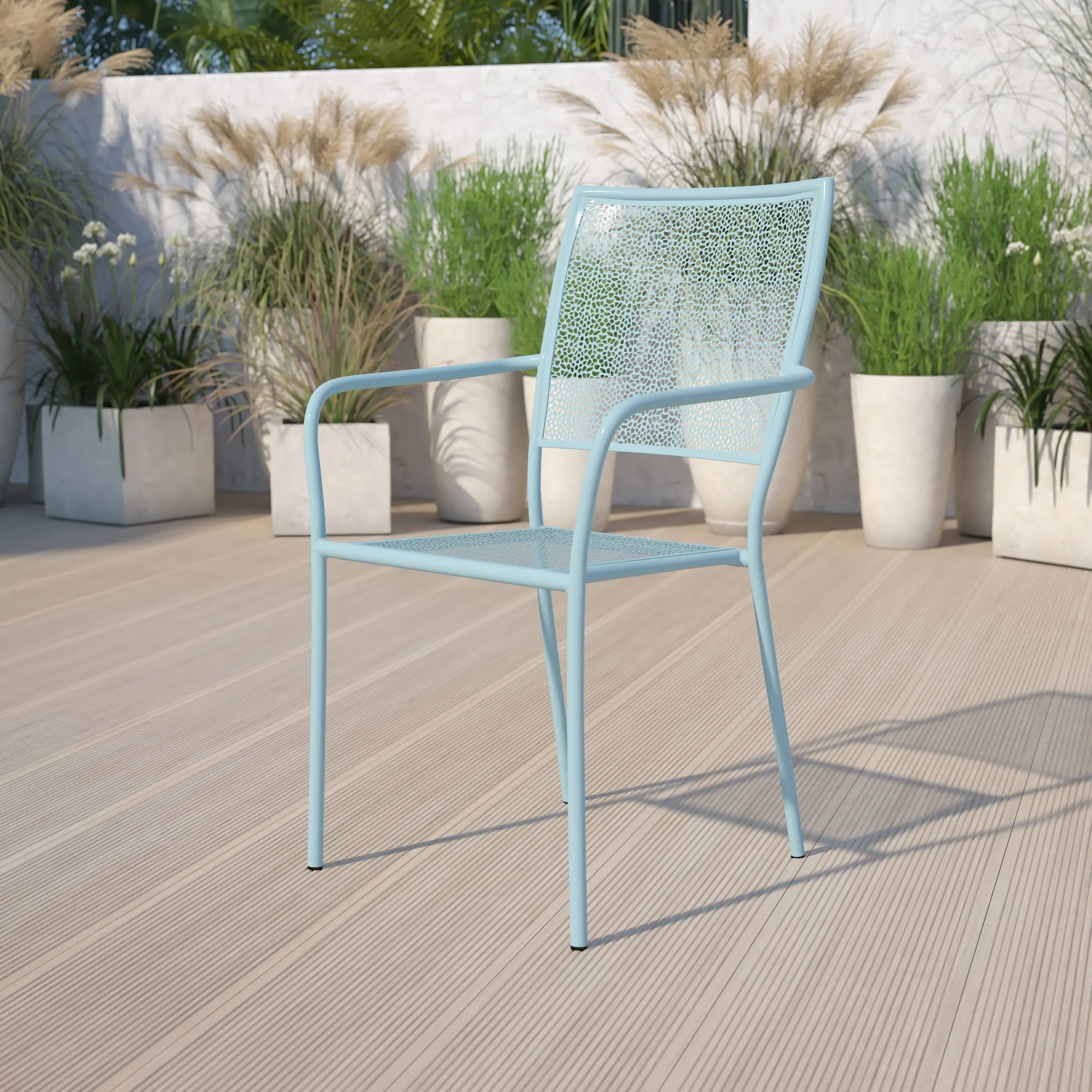 Commercial Grade Sky Blue Indoor-Outdoor Steel Patio Arm Chair with Round Back