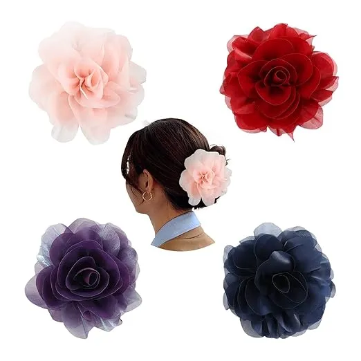 Cinaci 4 Pack Chiffon Big Rose Flower Bow Plastic Hair Claw Clips Barrettes Clamps Ponytail Holder Buns Chignon Holder Accessories for Women Girls