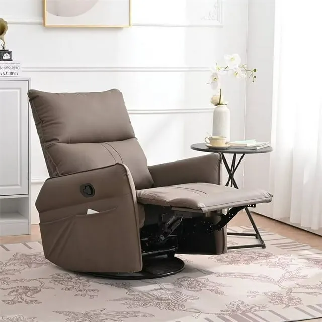 Swivel Rocker Recliner Chair, 360 Degree Swivel Nursery Rocking Chair with Padded Back and Side Storage Pocket, Modern Small Glider Chair Home Theater Seat for Bedroom Living Room, Brown