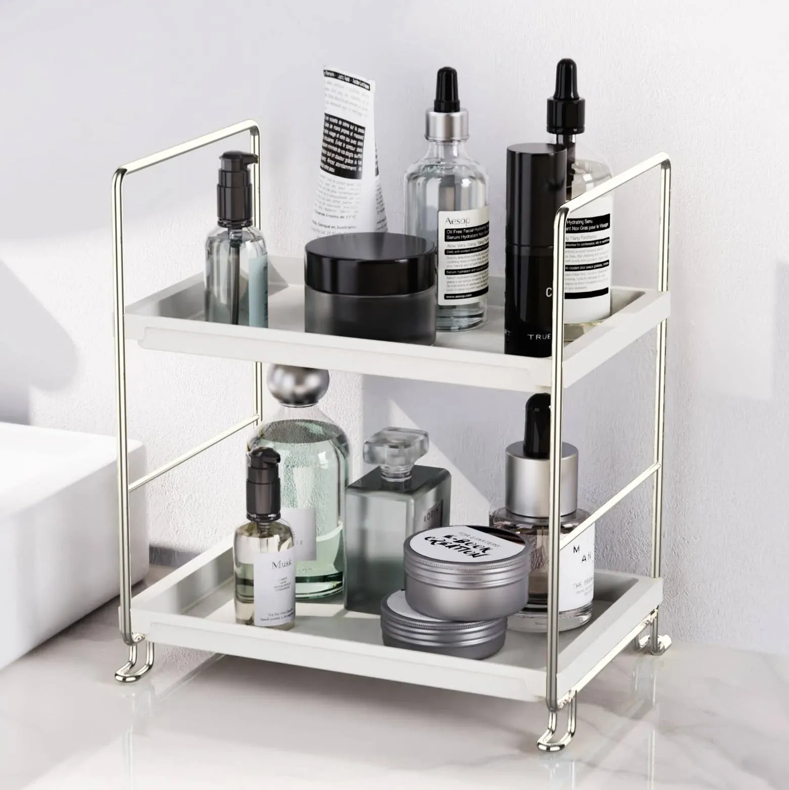 FSyueyun 2-Tier Bathroom Counter Organizer, Tool-Free Installation Vanity Makeup Tray Skincare Shelf Perfume Stand for Dresser Bathroom Organizers