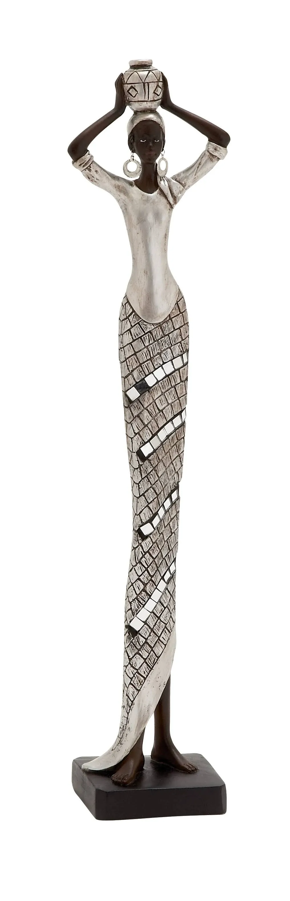 Silver Polystone Standing African Woman Sculpture with Mosaic Details