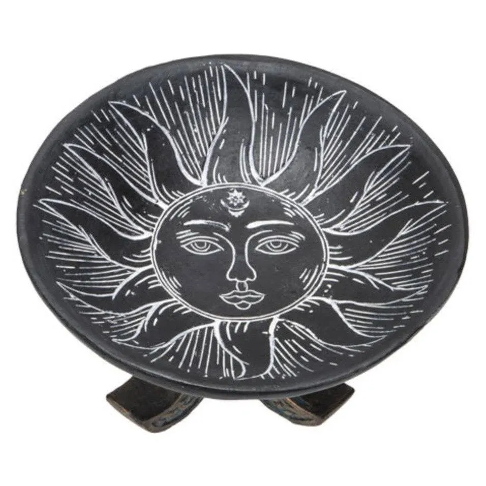 Carved Illustrated Sun and Moon Resin Trinket Bowl Black 8” Diameter