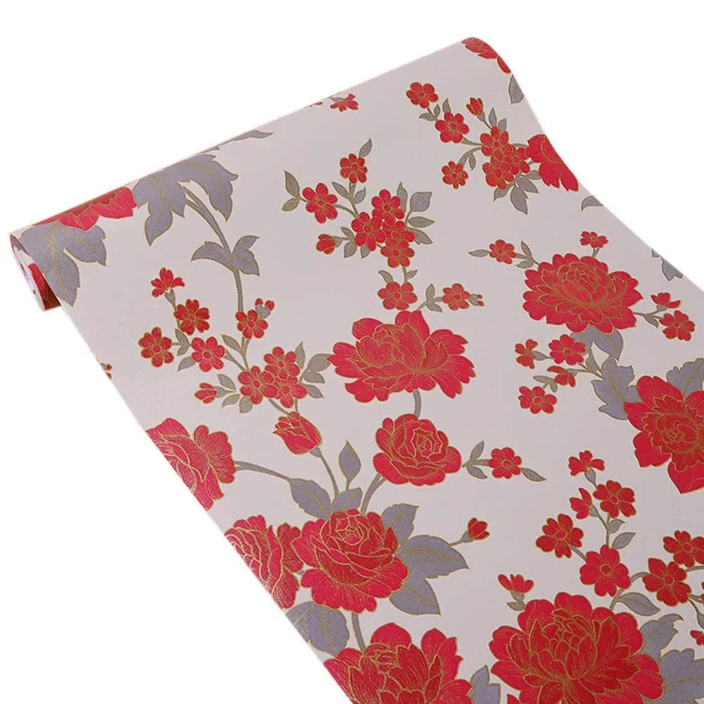 PoetryHome Self-Adhesive Vintage Red Floral Wall Paper Drawer Shelf Liner for ...