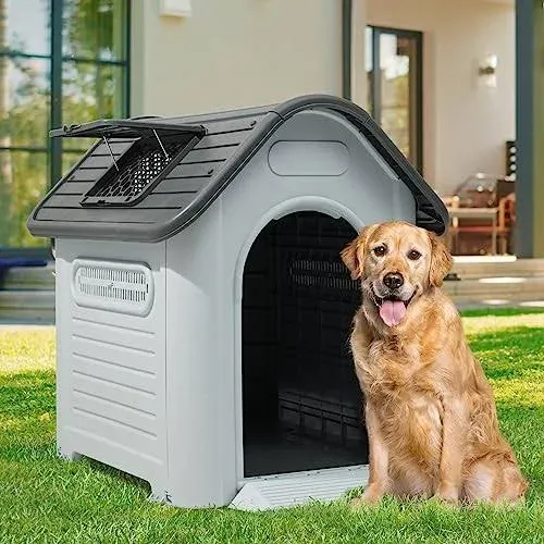 YITAHOME 39.4'' Large Dog House Outdoor Plastic Doghouse Water Resistant Pet House with Adjustable Skylight and Elevated Base for Small, Medium, and Large Dogs (39.4''L*33.5''W*37.8''H)