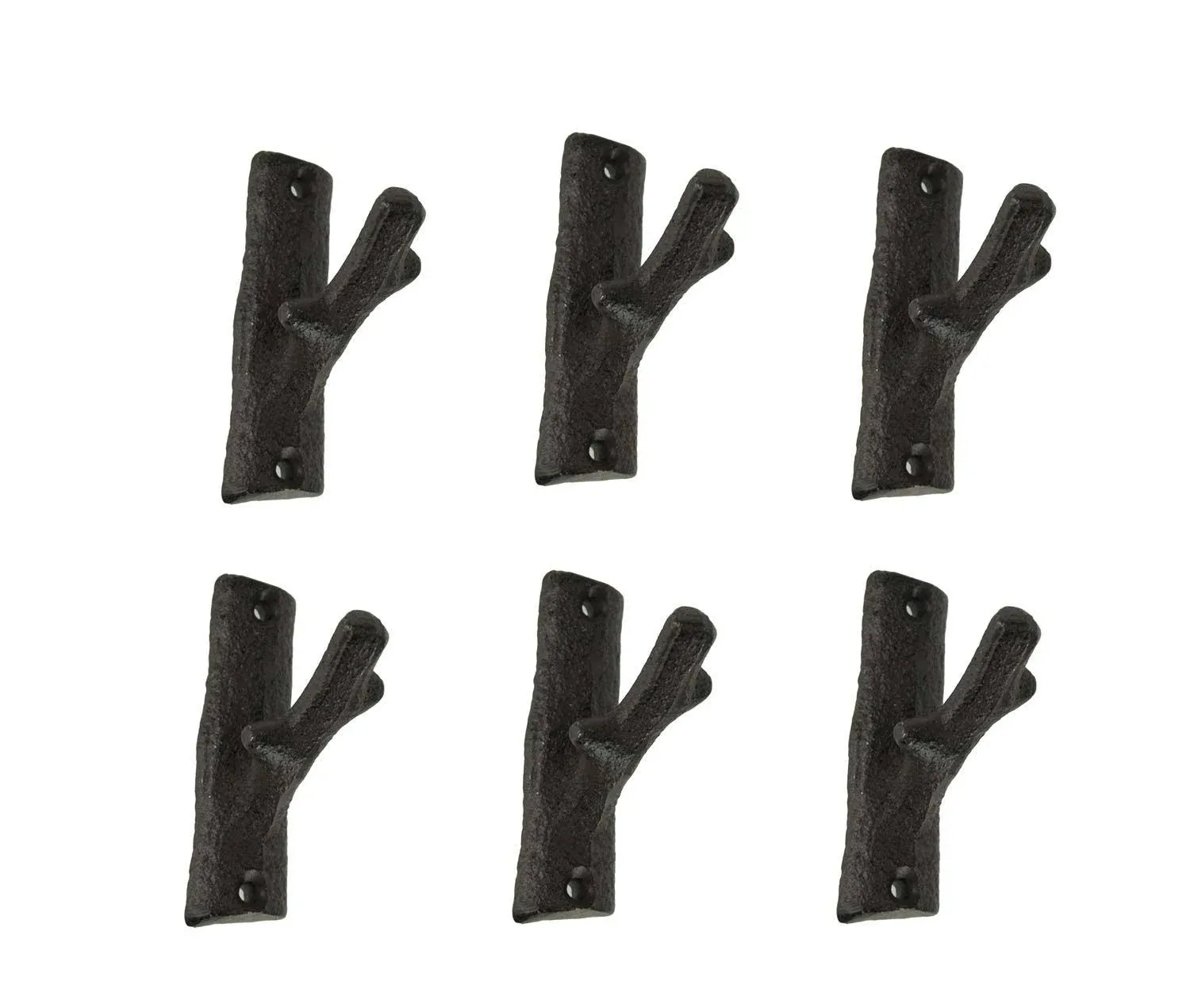 Set of 6 Rustic Brown Cast Iron Tree Branch Wall Hooks - Ideal for Western Décor - 3.25 Inches High - Adding Practical Charm and Earthy Elegance to Your Home