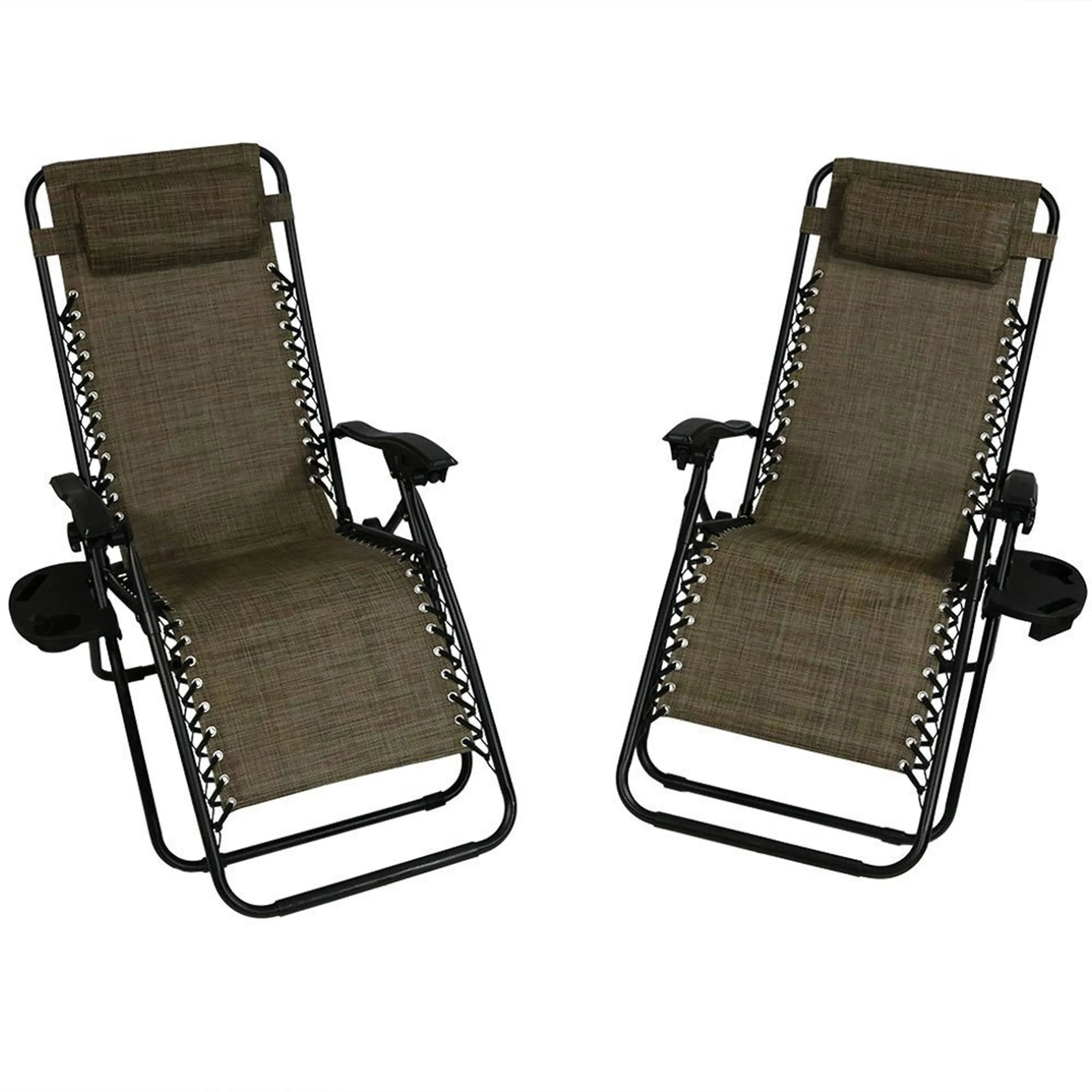 Sunnydaze XL Zero Gravity Folding Lounge Chair with Pillow and Cup Holder - Khaki - Set of 2