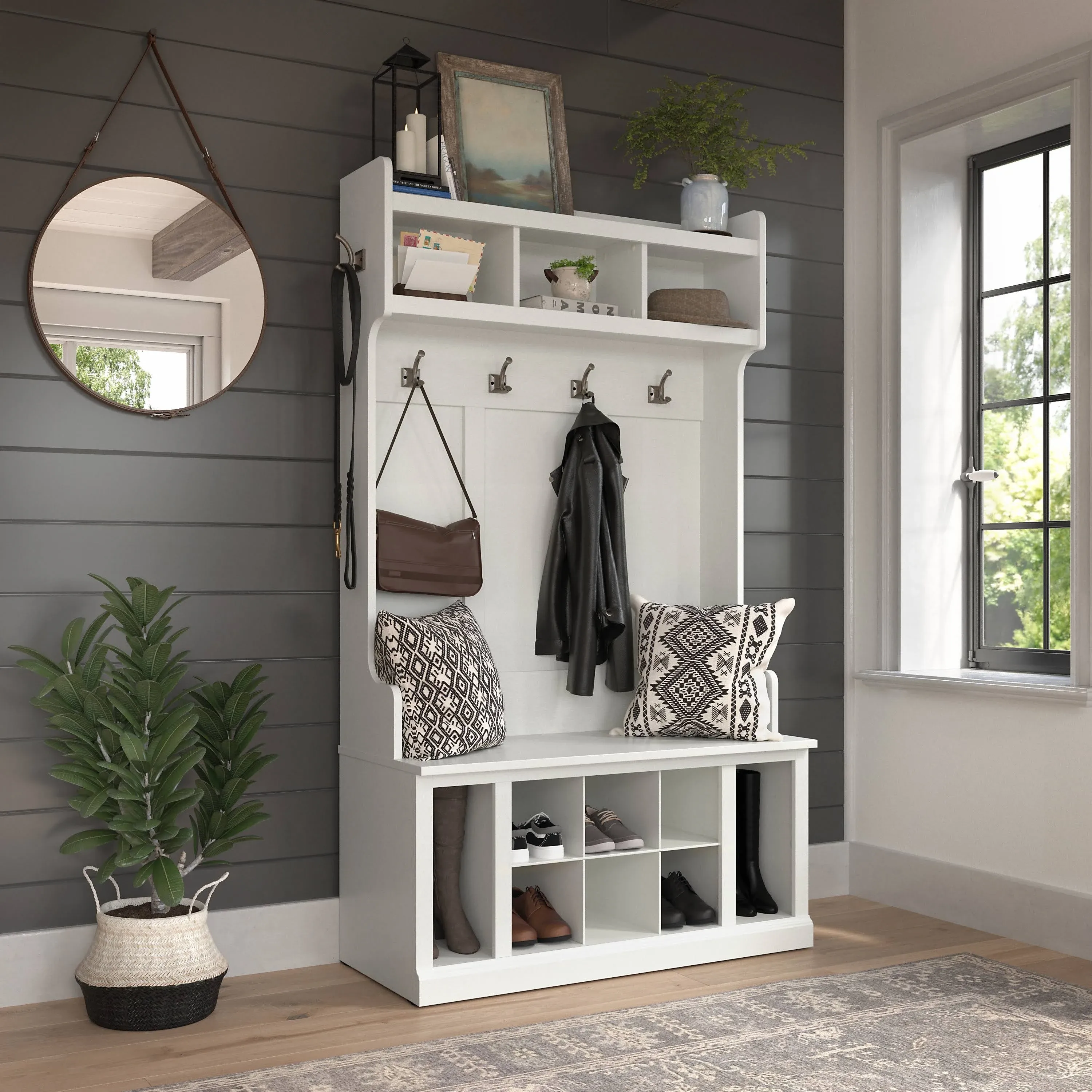 Woodland 40W Hall Tree and Shoe Bench w/ Shelves in White Ash - Engineered Wood