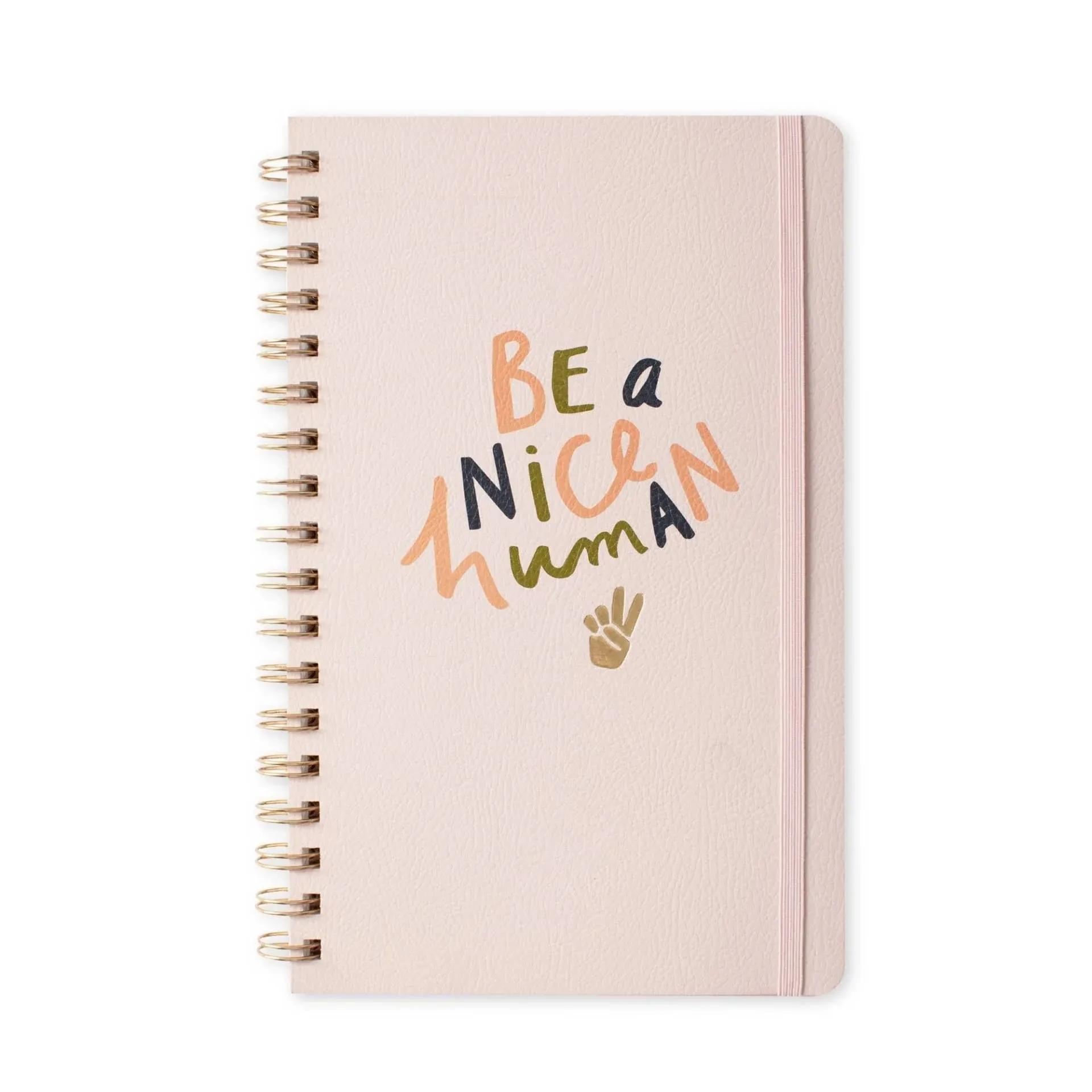 Fringe Studio "BE A NICE HUMAN SIGNATURE SPIRAL JOURNAL, Flexible Vegan Leather Flexible Cover, Exposed Twin-Ring Spiral Binding, Elastic Closure, 6″ x 9.5″, 160 lined pages (896070)