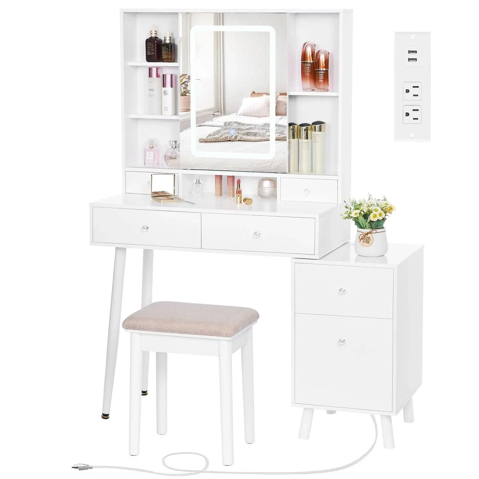 BEWISHOME Vanity Desk, White Vanity with Charging Station & Nightstand, Makeup Desk Makeup Vanity with Lights with 3 Colors Modes, Makeup Table Vanity Table with Sliding Mirror Dressing Table FST19W