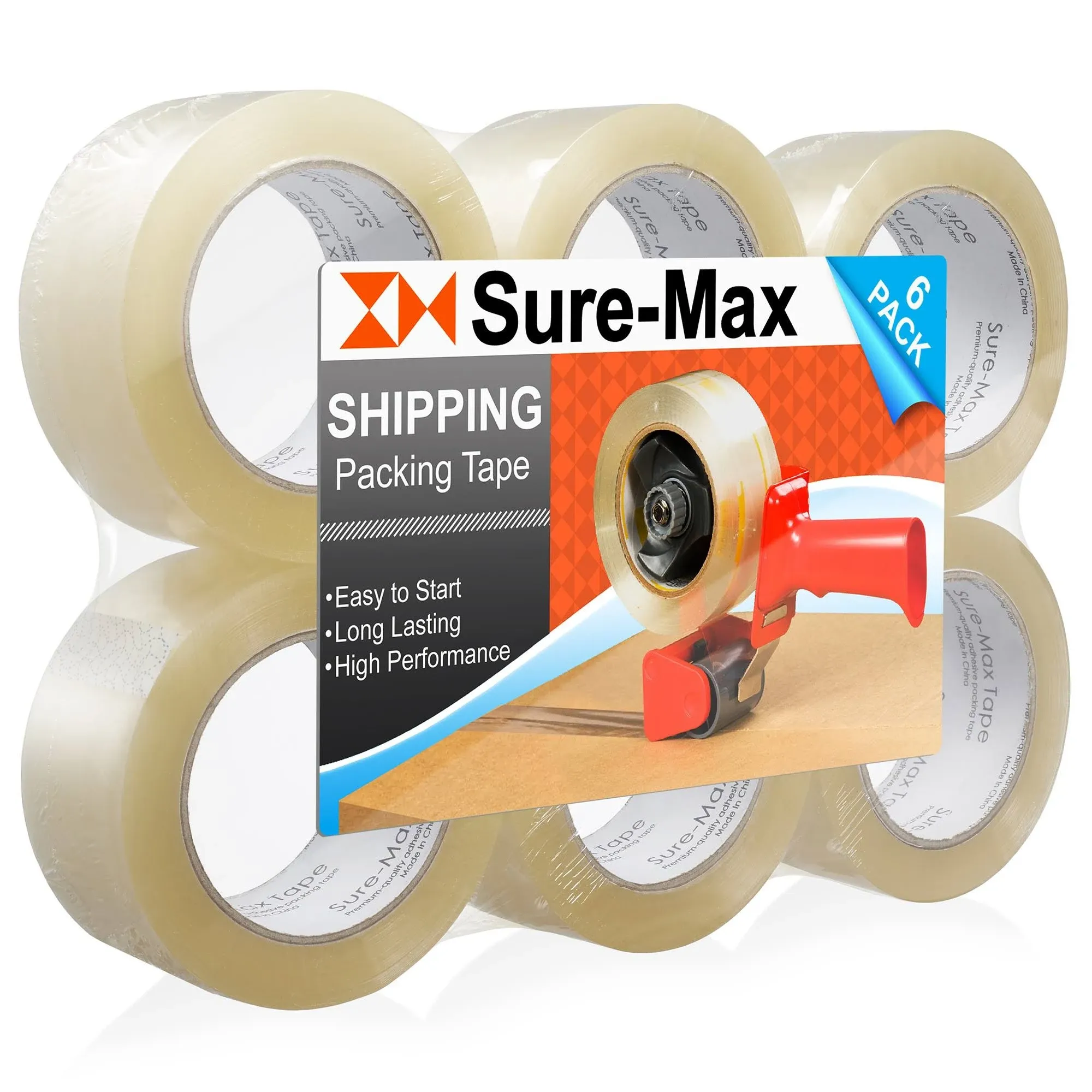 Sure-Max Premium Carton Packing Tape 2.0 Mil 330 Feet (110 Yards) - Clear - 6 Rolls