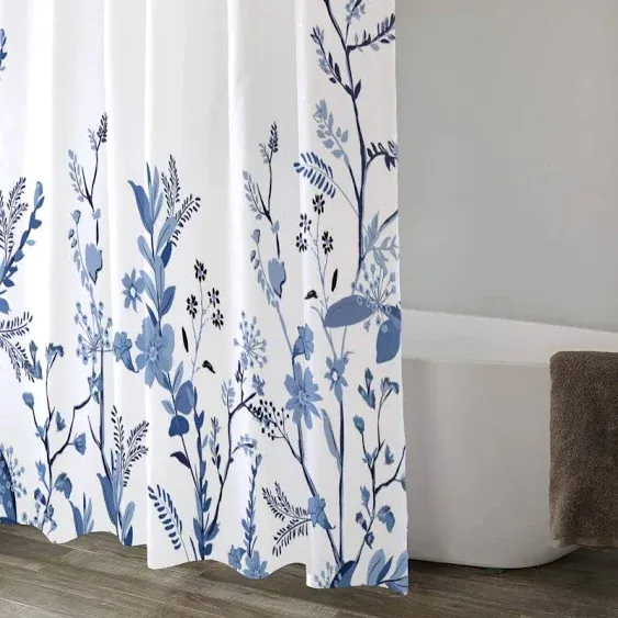 Extra Long Shower Curtains 84 Inch Length, Blue Fabric Shower Curtains for Bathroom, Floral Leaves Textured Waterproof Bathroom Decor with 12 Hooks - 72 x 84 Inch