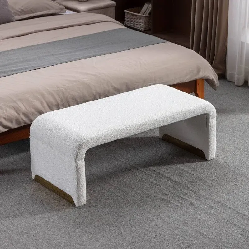 43.3'' Ottoman Bench with Boucle Fabric,End of Bed Bench with Golden Metal Legs - White