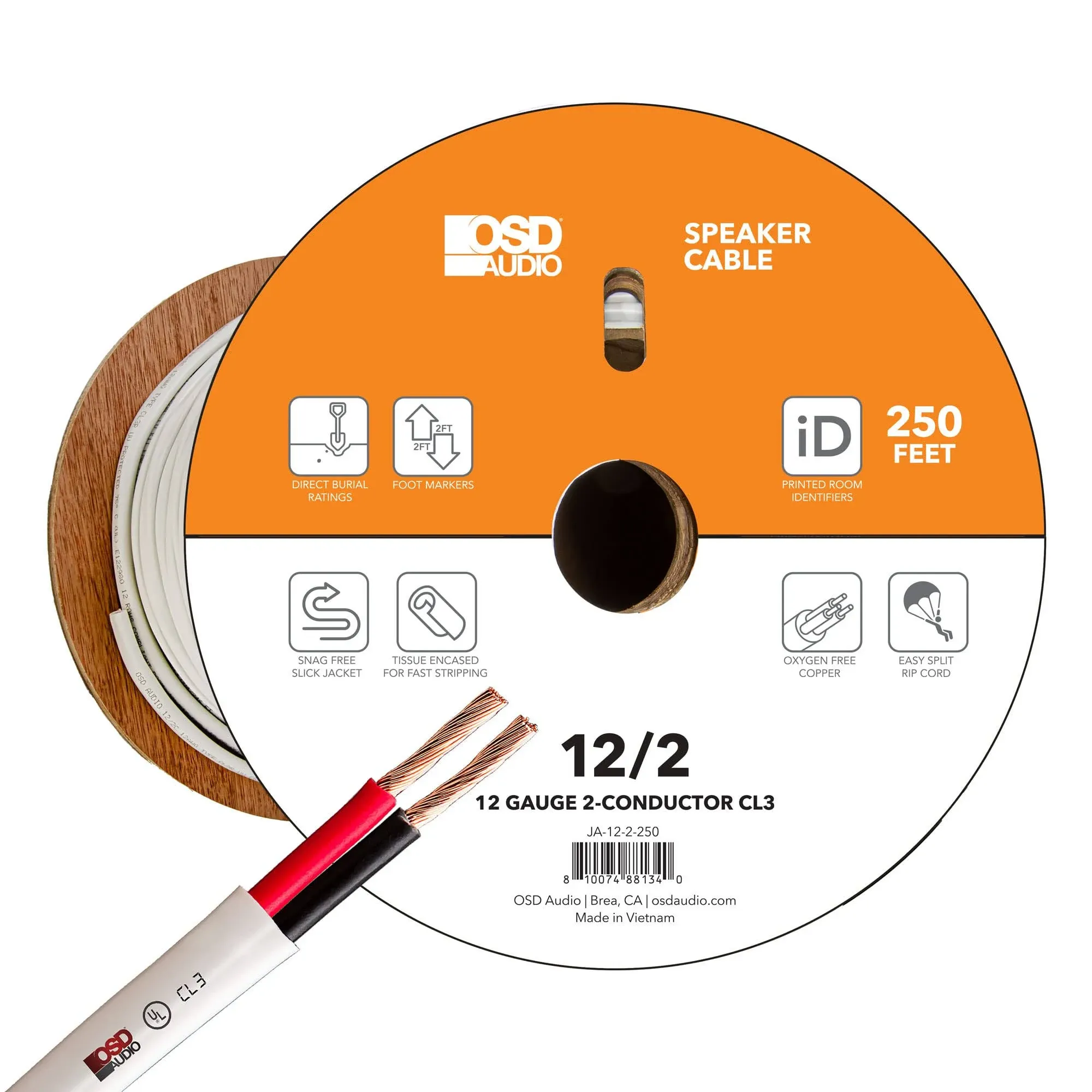 OSD 12/2 Speaker Wire 12 AWG/Gauge 2 Conductor 250FT UL List in Wall Direct Burial Graded CL2/CL3 Oxygen Free Copper OFC Heavy Duty Spool - White