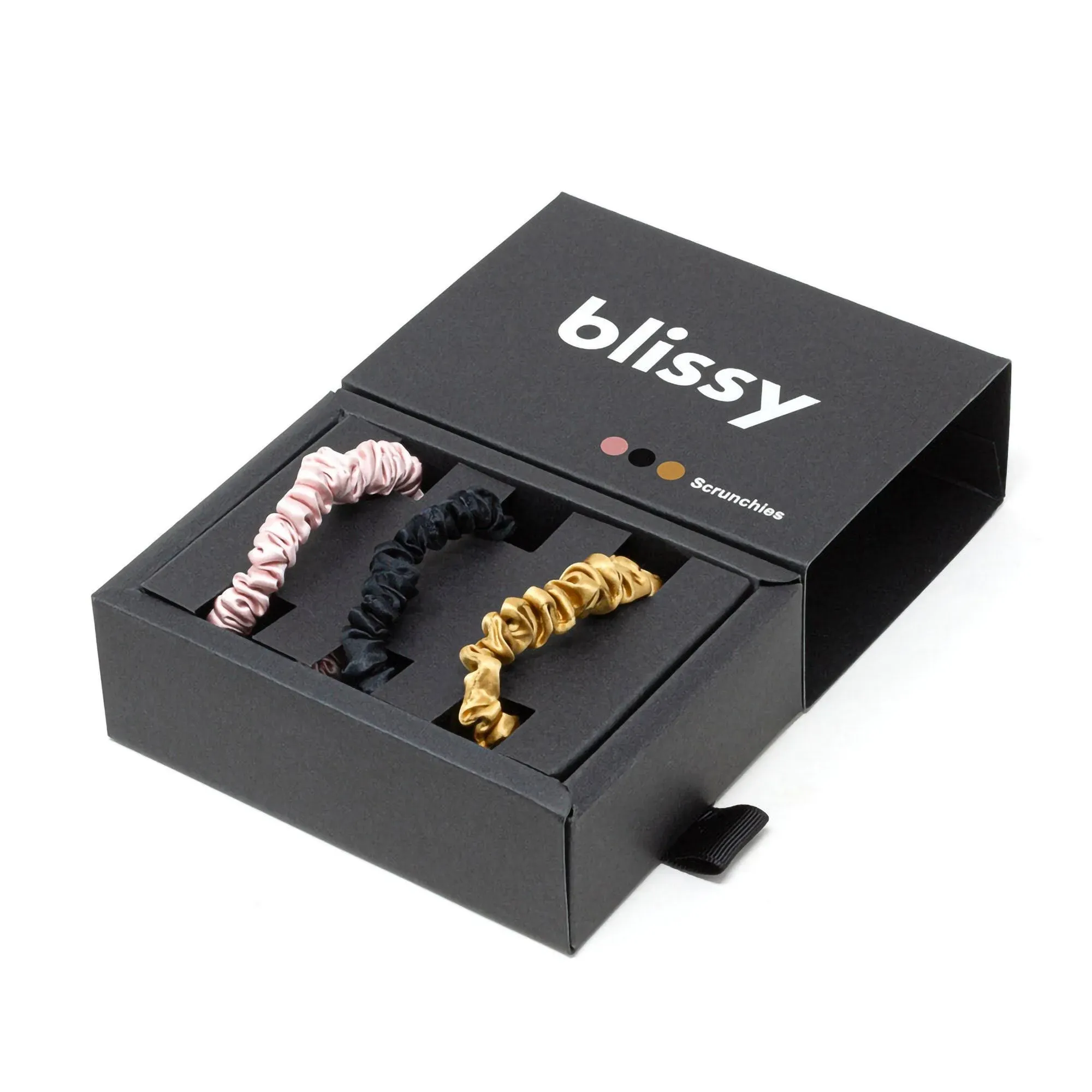 Blissy 3-Pack Skinny Silk Scrunchies Black/ Gold/ Pink