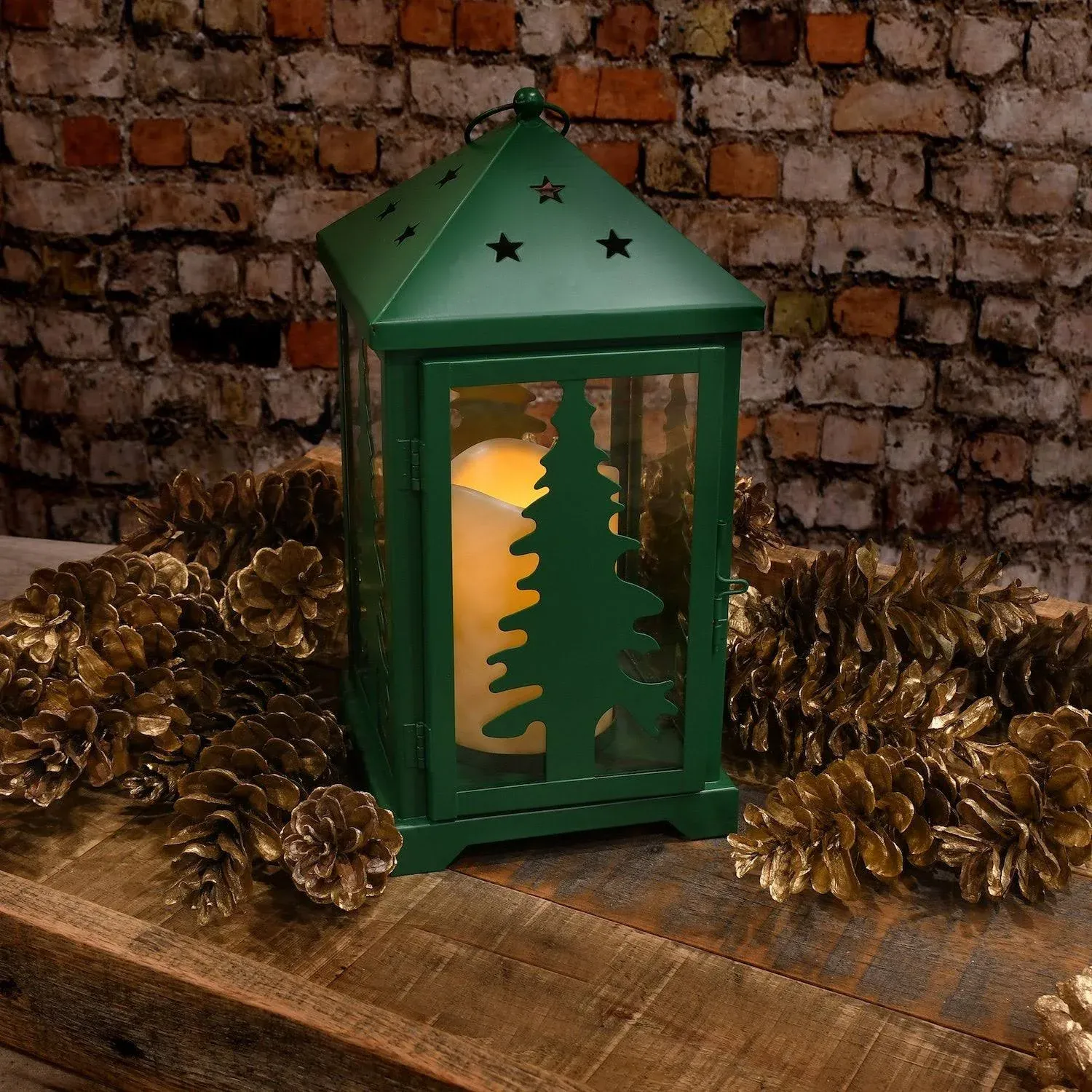 Lights Up LED Lantern, Fir Tree, Green, With Handle, Glass Lantern 