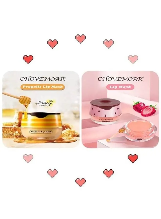 2PCS Honey Balm & Strawberry Lip Balm, Honey Lip Balm, Lip Masks for Dry and Cracked Lips with Brush, Lip Exfoliator & Moisturizer, Reduces Lips Lines & Lightens Lips, Anti-Wrinkle, Aging