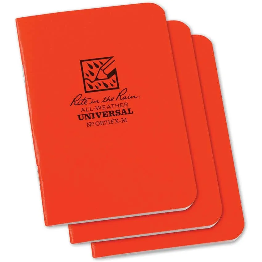 Rite in the Rain Weatherproof Mini Stapled Notebook, 3.25" x 4.625", Orange Cover, Universal Pattern, 3 Pack (No. OR71FX-M)