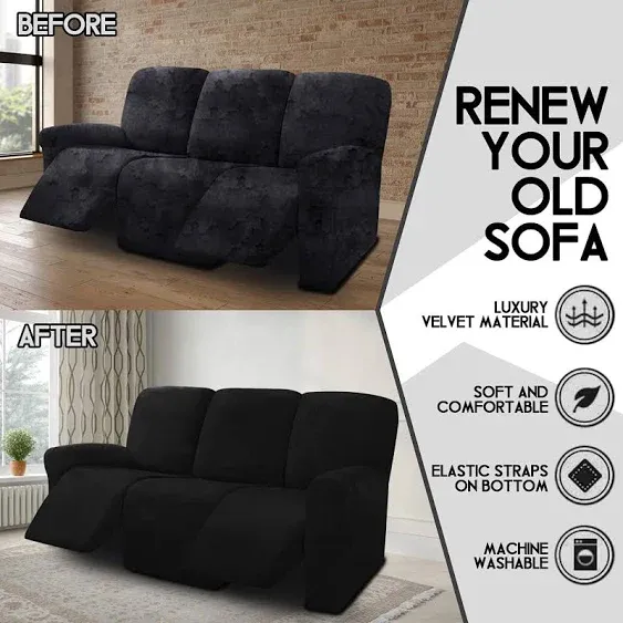 ULTICOR Velvet 8-Pieces Recliner Sofa Covers Stretch Reclining Couch Covers for 3 Cushion Reclining Sofa Slipcovers Furniture Covers Thick Soft Washab