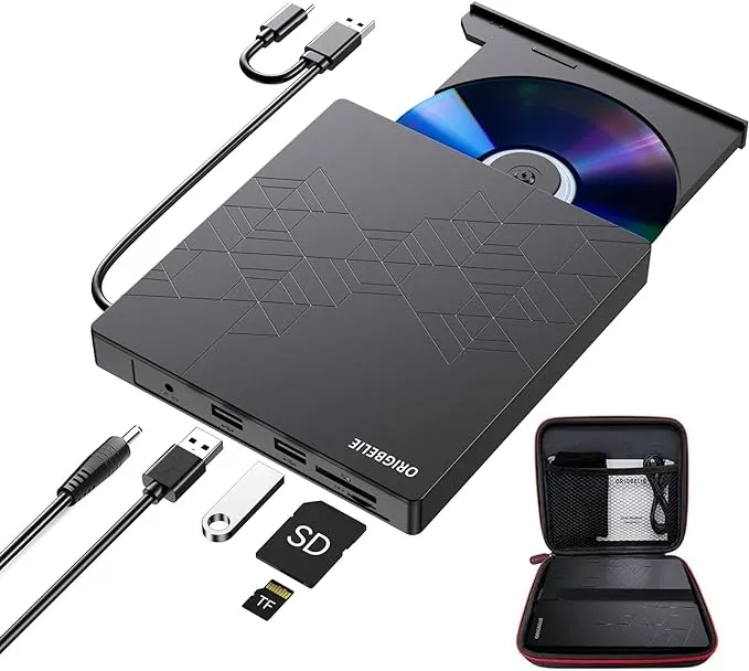 External CD DVD Drive, CD Burner USB 3.0 with 2 USB Ports and 2 TF/SD Card Slots, Optical Disk Drive for Laptop Mac, PC Windows 11/10/8/7 Linux OS with Carrying Case