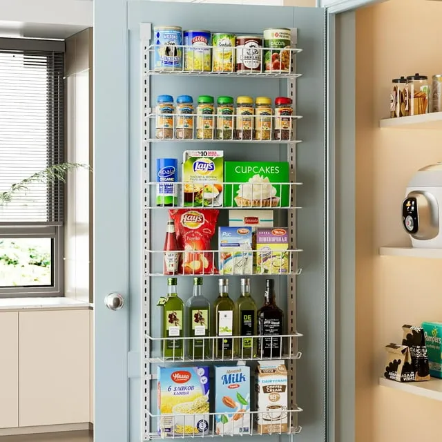 Delamu Over the Door Pantry Organizer, Adjustable Pantry Door Organizer, 6-Tier Over the Door Spice Rack, Metal Over the Door Organizer, Kitchen Pantry Organizers and Storage, D5 W16.6 H52.1 in, White