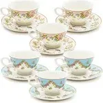 Set of 6 Vintage Floral Tea Cups and Saucers for Tea Party Supplies, Blue, Pink, 8oz, Size: 8 fl oz