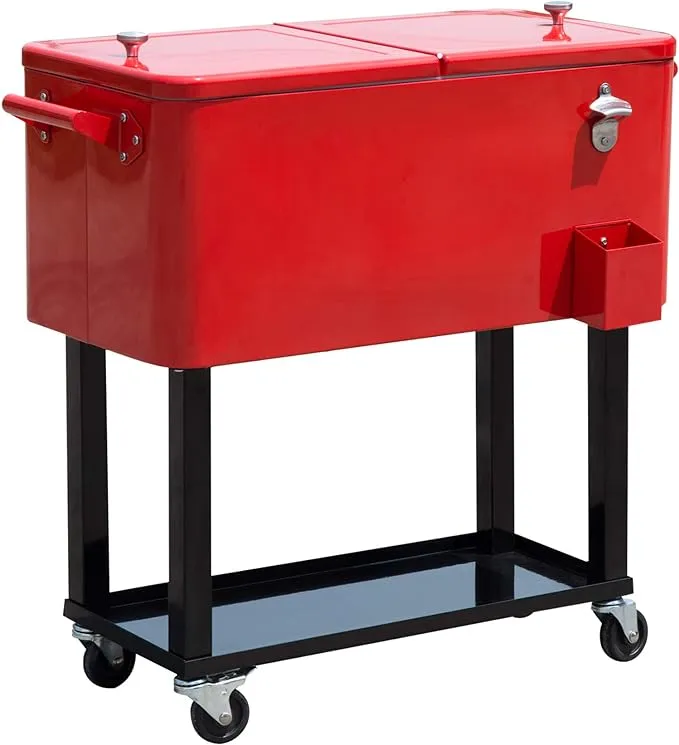 Outsunny 80 QT Rolling Cooling Bins Ice Chest on Wheels Outdoor Stand Up Drink Cooler Cart for Party, Red