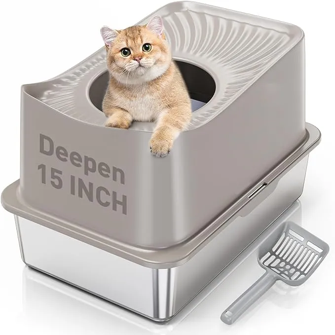 Stainless Steel Litter Box with High Side, XXL Extra Large Cat Litter Box for Big Cats & Multiple Cats, Non-Sticky, No Urine Leakage, Easy Clean Cat Litter Pan Include Scoop