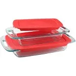 Pyrex Easy Grab 4-piece Rectangular Glass Bakeware Set with Red Lids BPA-free