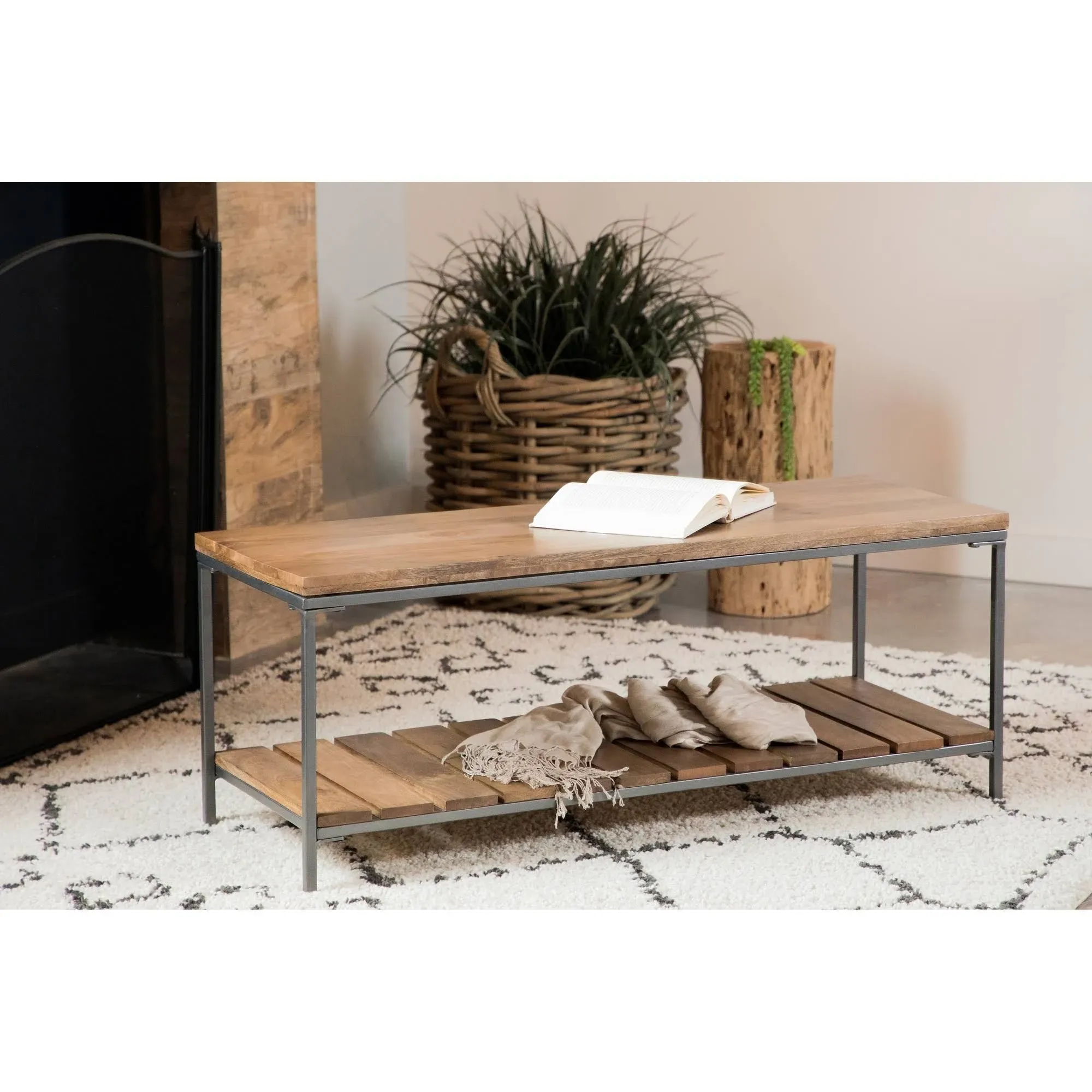 Gerbera - Accent Bench With Slat Shelf - Natural And Gunmetal