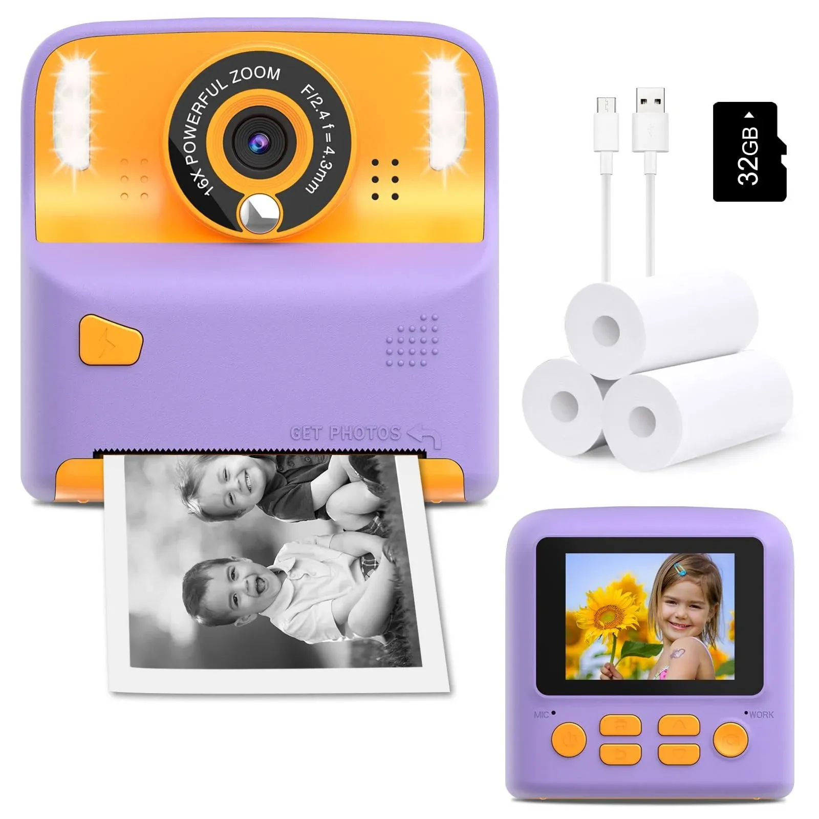 Kids Camera Instant Print Photos,Boys/Girls HD Digital Video Portable-32GB Card