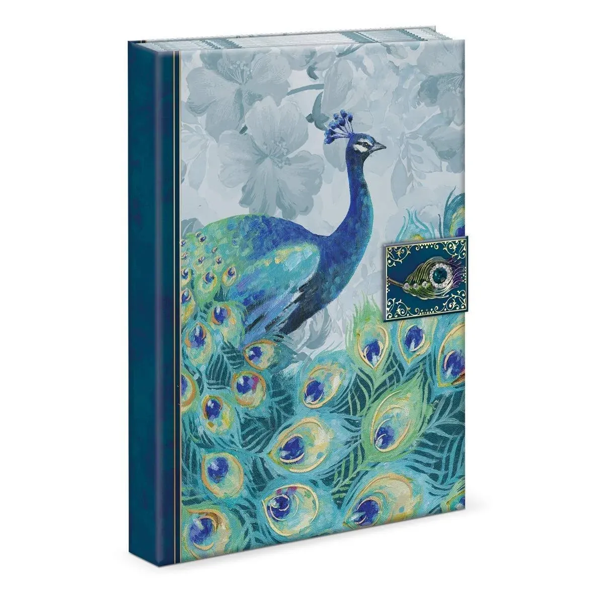 Punch Studio Journal with Brooch Embellishment and Magnetic Tab Closure, Emerald Peacock Design (46620)